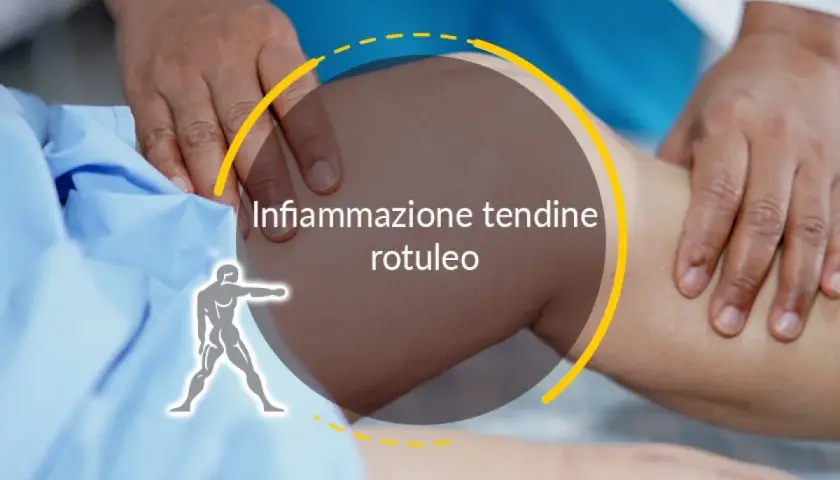 Esame del ginocchio con focus sull'infiammazione del tendine rotuleo. Un medico palpa la zona.