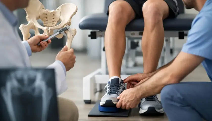 Valutazione medica per dismetria arti inferiori: un ortopedico mostra un modello del bacino, mentre un fisioterapista esamina le gambe di un paziente.