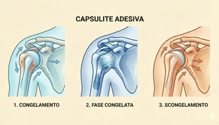 Illustrazione delle tre fasi della capsulite adesiva: congelamento, fase congelata e scongelamento. I sintomi della spalla congelata peggiorano in queste fasi.