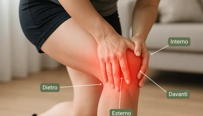 Dolore al ginocchio di notte. Una persona si tiene il ginocchio, evidenziato in rosso, indicando diverse aree di sofferenza: interno, esterno, davanti e dietro.