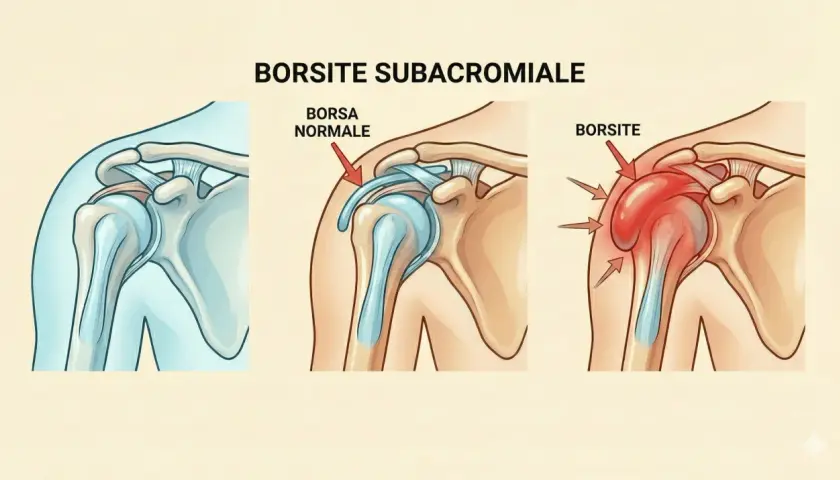 Illustrazione anatomica della spalla: spalla sana, spalla con borsa normale e spalla con borsite subacromiale, che causa dolore al tendine del bicipite.