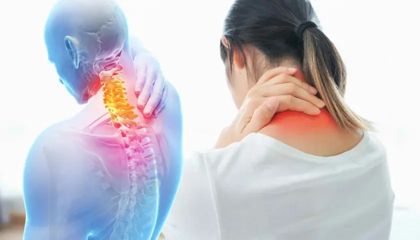 Dolore cervicale che si irradia a gambe e braccia. Anatomia del collo con vertebre evidenziate in giallo e aree di infiammazione in rosso.