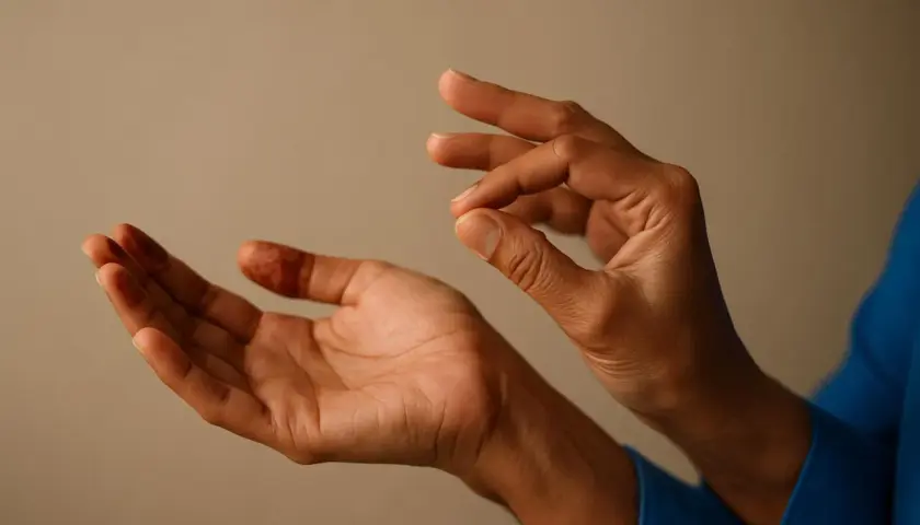 Mani con tatuaggio all'henné mostrano un gesto di dolore al polso e alla mano, come se cercassero sollievo.