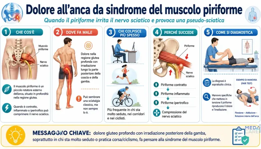 Dolore all'anca da sindrome del piriforme, che irrita il nervo sciatico causando una pseudo-sciatalgia. Immagine illustra cause, sintomi e diagnosi.