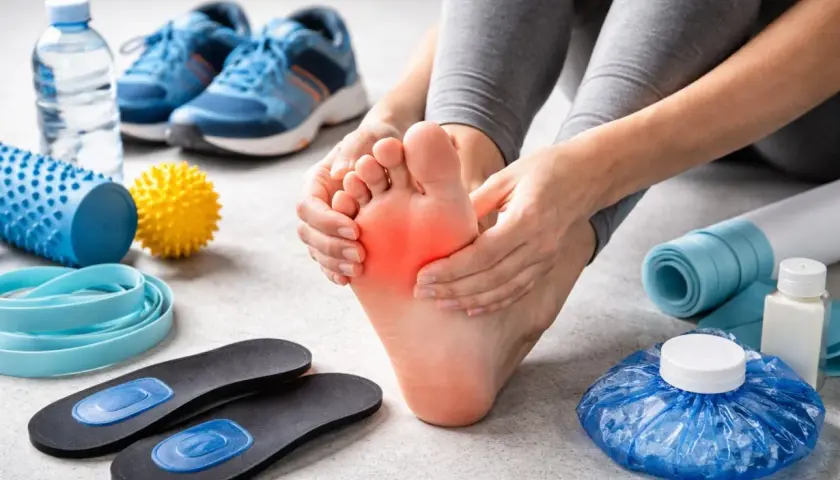 Piede con dolore alla tallonite, circondato da attrezzature sportive e rimedi veloci: palline massaggianti, fasce elastiche, solette e ghiaccio.