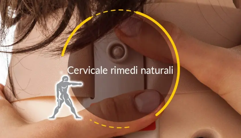 Un collare cervicale e un'icona stilizzata di una persona suggeriscono soluzioni per la cervicobrachialgia, rimedi naturali per il benessere.