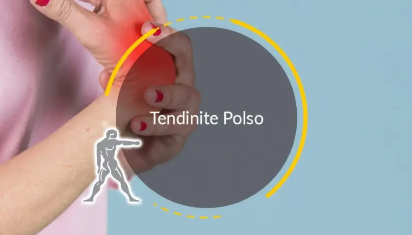 Mano con arrossamento e dolore al polso quando lo ruoto. Testo: Tendinite Polso.