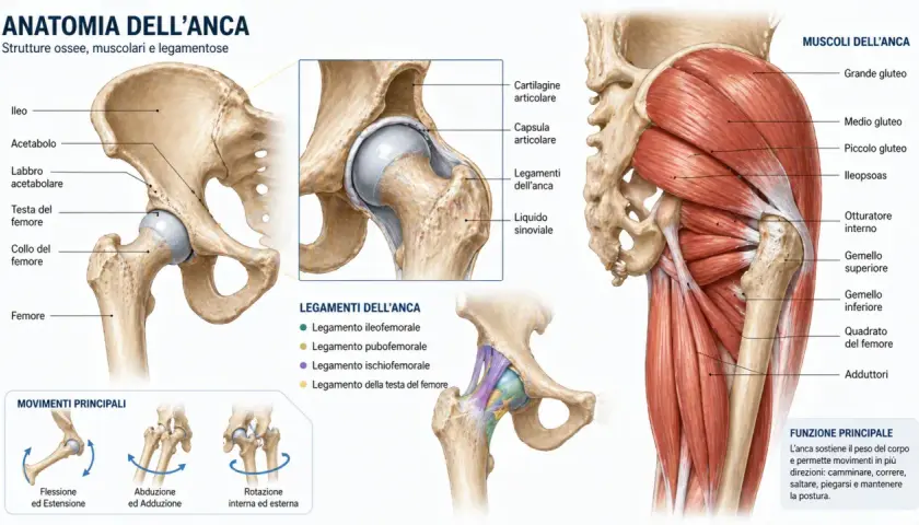 Anatomia dell'anca: ossa, legamenti e muscoli, inclusi i muscoli dell'anca come il grande gluteo e l'ileopsoas, essenziali per il movimento.