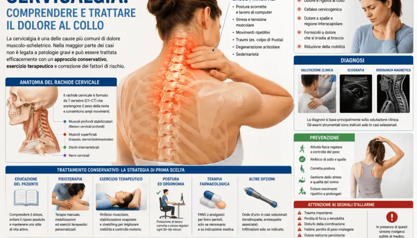 Dolori al collo cause: postura scorretta, stress, traumi. Immagine illustra anatomia, sintomi, diagnosi e trattamenti per la cervicalgia.