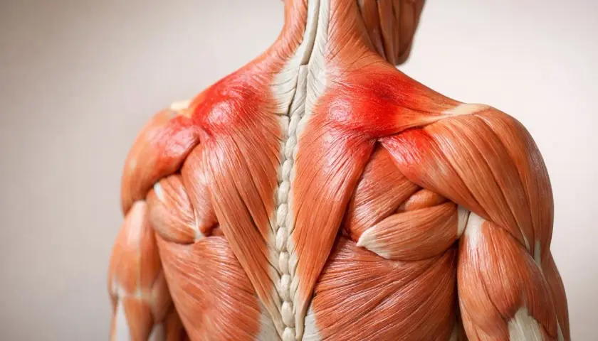 Dettaglio anatomico della schiena con muscoli evidenziati in rosso, indicando un possibile blocco alla schiena o infiammazione.