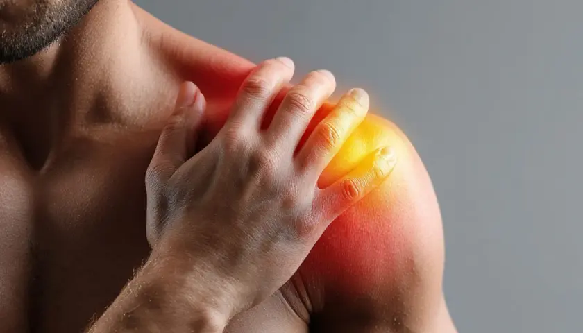Uomo con mano sulla spalla dolente, evidenziata da rossore e calore. Dopo infiltrazione spalla bisogna stare a riposo per guarire.
