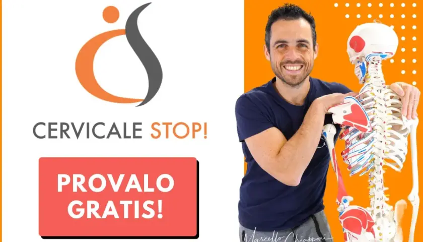 Uomo sorridente con scheletro anatomico, logo "Cervicale Stop!" e pulsante "Provalo Gratis!". Aiuta chi soffre di cervicale e gambe deboli.