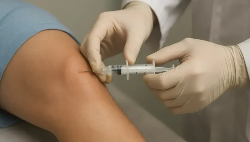 Mani guantate eseguono infiltrazioni al ginocchio con una siringa, un trattamento per alleviare il dolore.