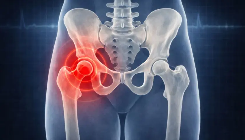 Illustrazione anatomica del bacino con evidenziata la **coxalgia cos'è**: dolore all'anca, indicato da un alone rosso.