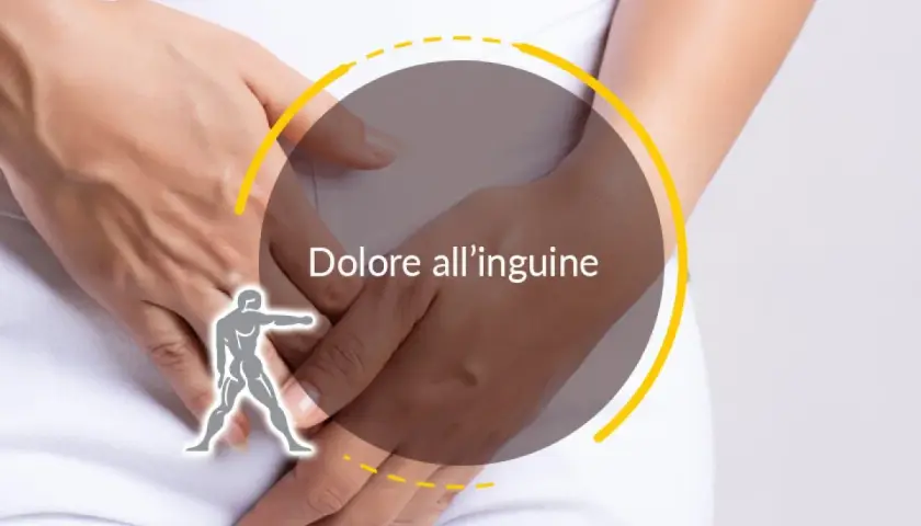 Mani che coprono l'inguine, con un'icona di un uomo che indica un dolore inguine sinistro e gamba.