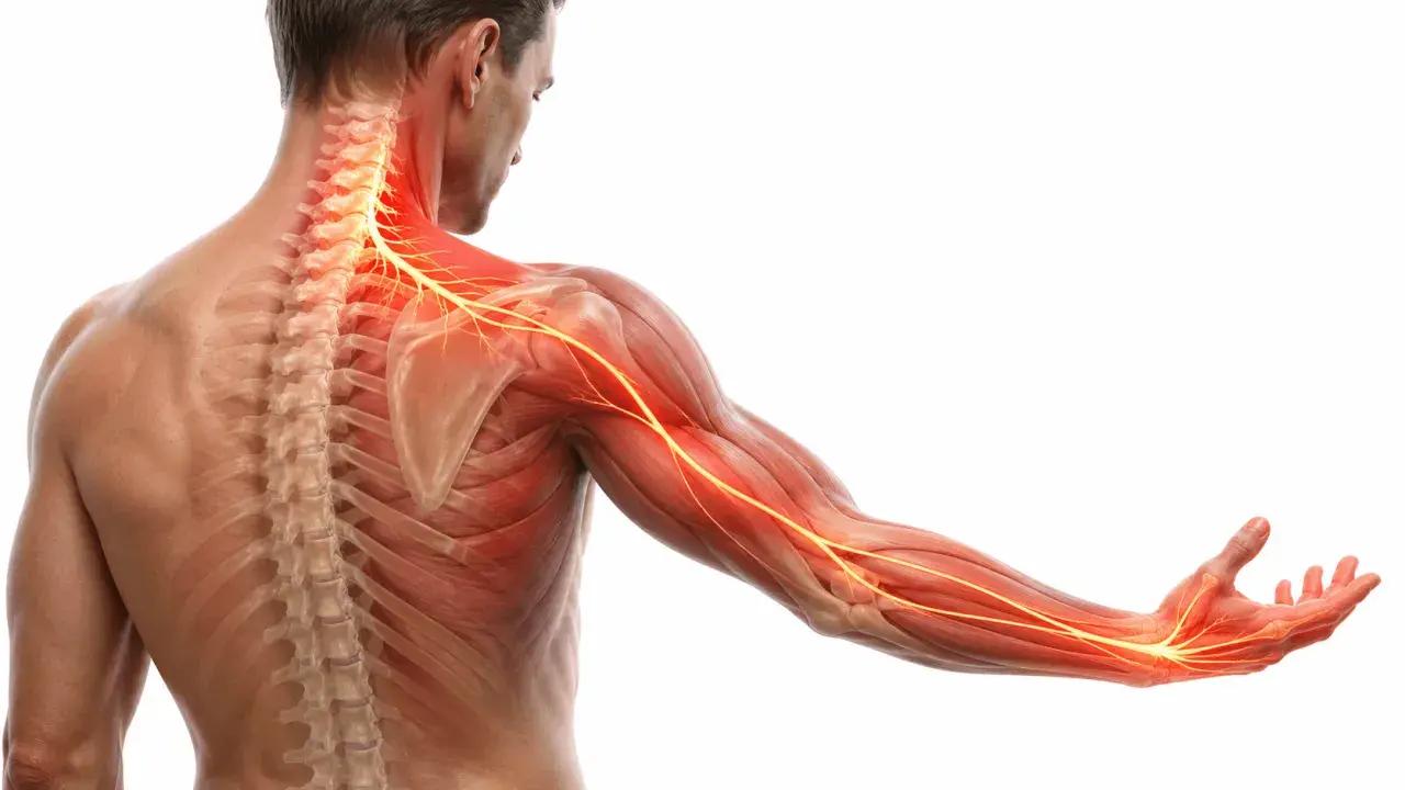 Illustrazione anatomica che mostra il **dolore muscolo collo spalla**, con nervi evidenziati in rosso e giallo lungo la colonna vertebrale, la spalla e il braccio.