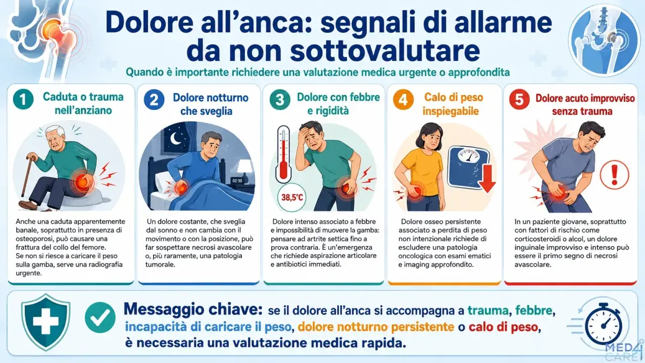 Dolore all'anca: caduta, dolore notturno, febbre, calo di peso o dolore improvviso sono segnali da non sottovalutare.
