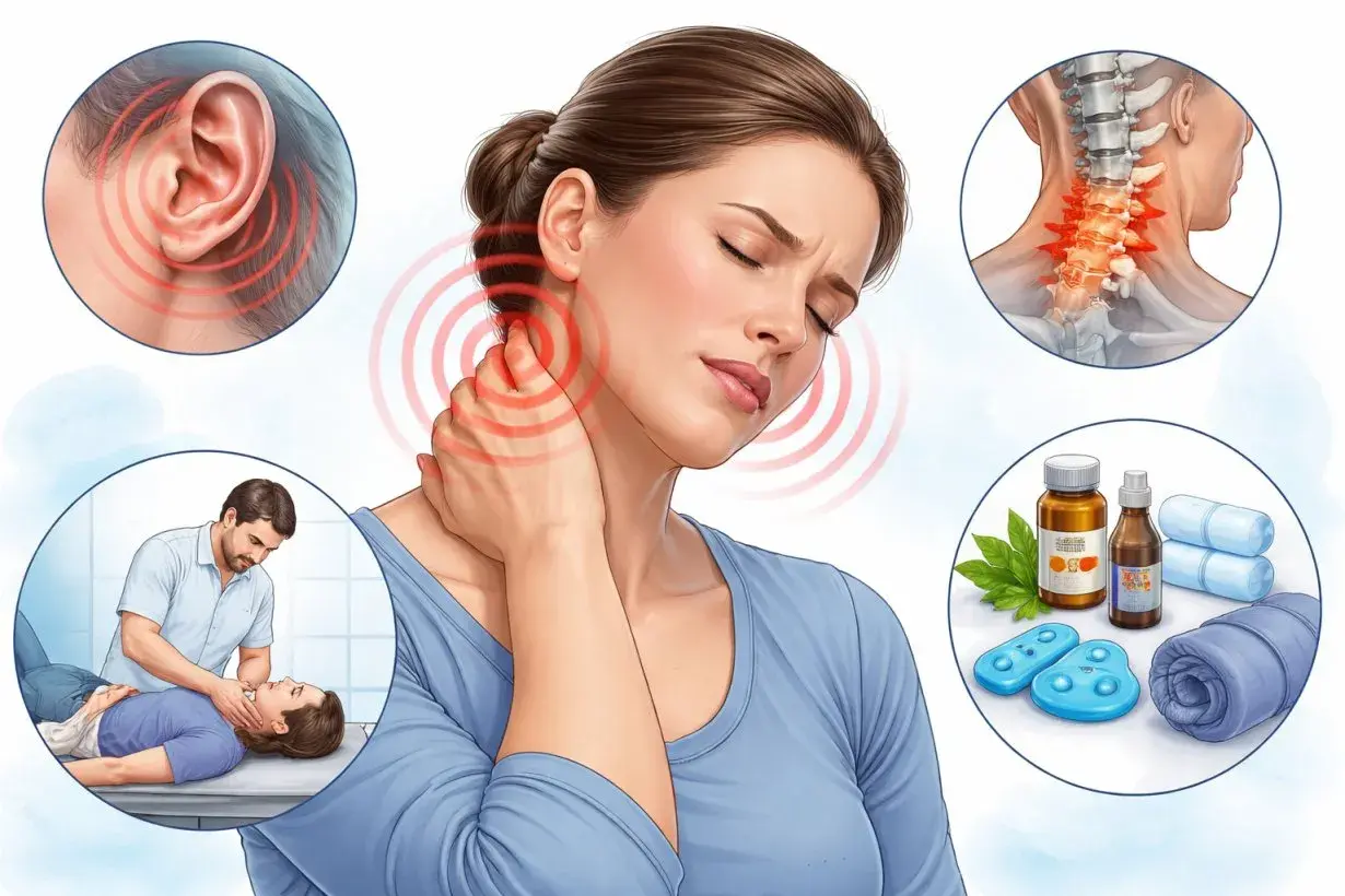 Dolore al collo e all'orecchio, possibili cause cervicale. Illustrazione di trattamenti e rimedi.