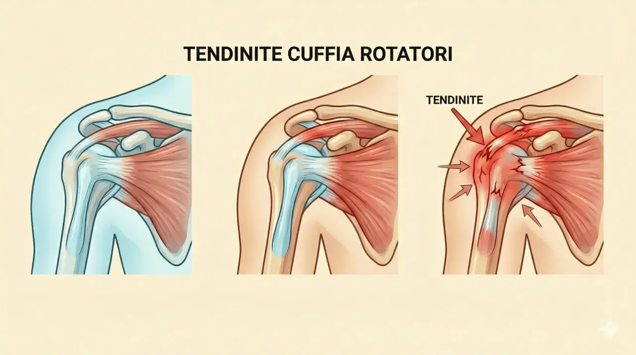 Illustrazione della cuffia dei rotatori: da sana a tendinite, con evidenziato un tendine sovraspinato rotto e infiammato.