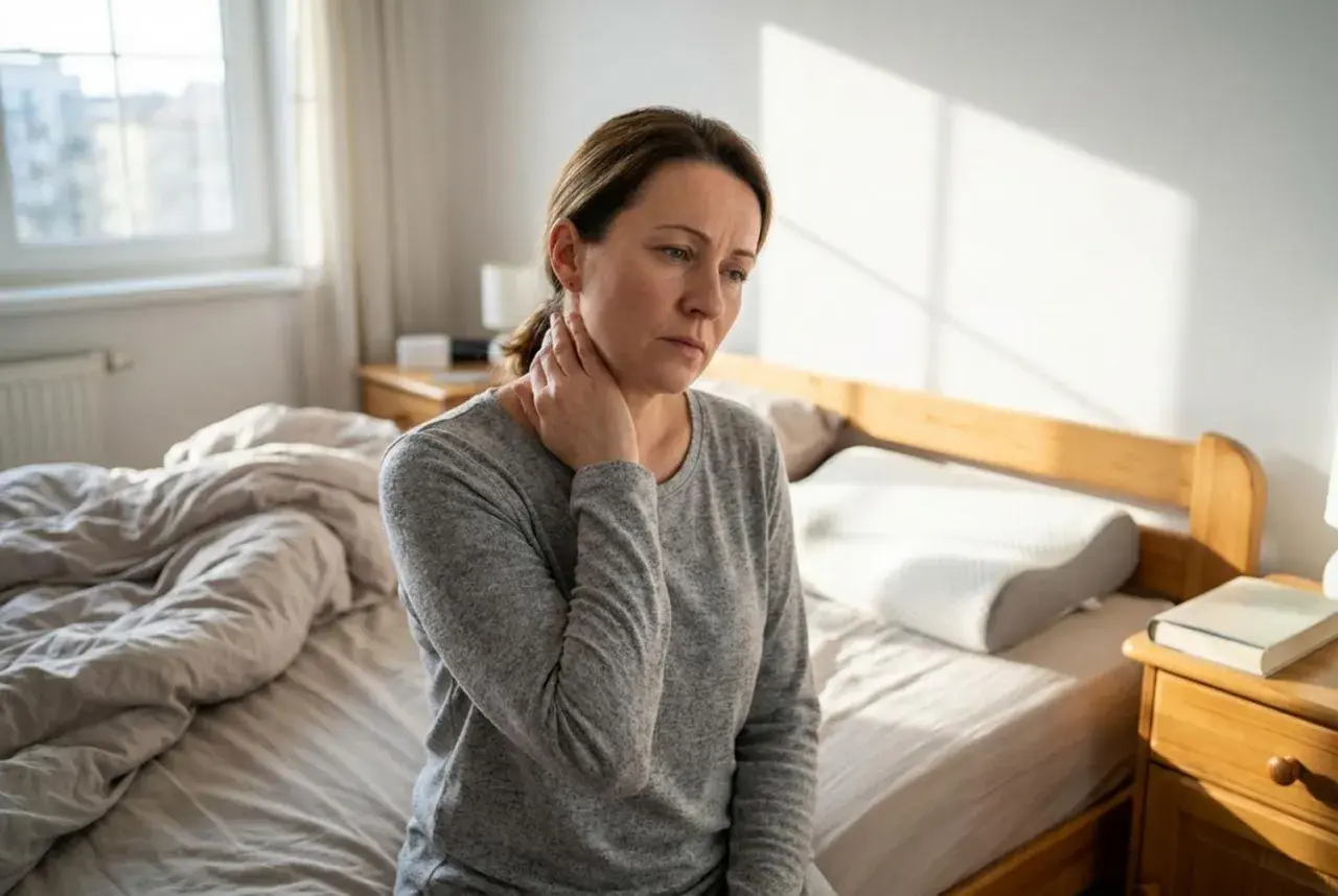 Donna seduta sul letto con mano sul collo, soffre di dolore al collo dopo aver dormito.