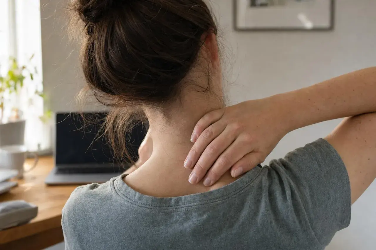 Donna con il collo che scricchiola, massaggiandosi la nuca mentre lavora al computer.