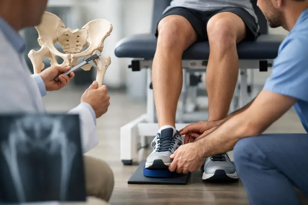 Valutazione medica per dismetria arti inferiori: un ortopedico mostra un modello del bacino, mentre un fisioterapista esamina le gambe di un paziente.