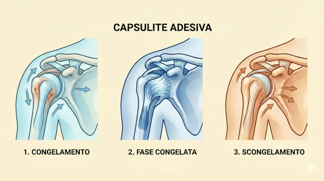 Illustrazione delle tre fasi della capsulite adesiva: congelamento, fase congelata e scongelamento. I sintomi della spalla congelata peggiorano in queste fasi.