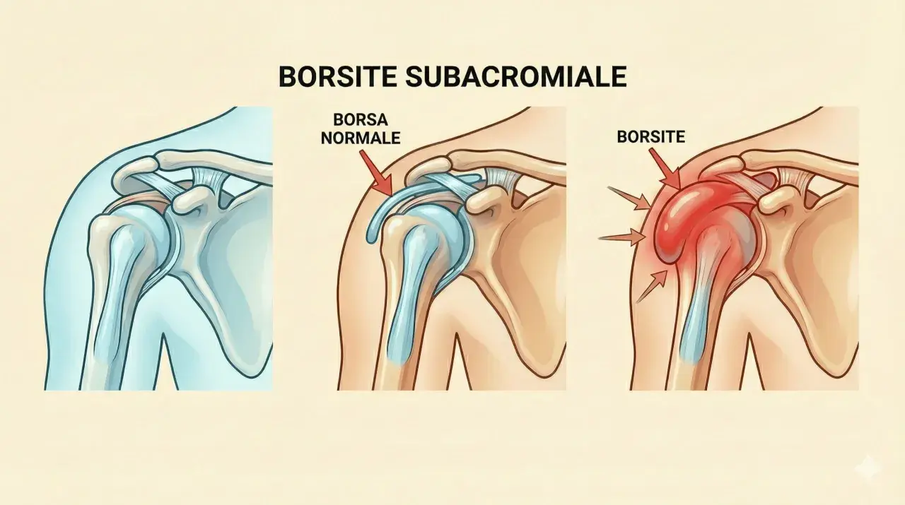 Illustrazione anatomica della spalla: spalla sana, spalla con borsa normale e spalla con borsite subacromiale, che causa dolore al tendine del bicipite.