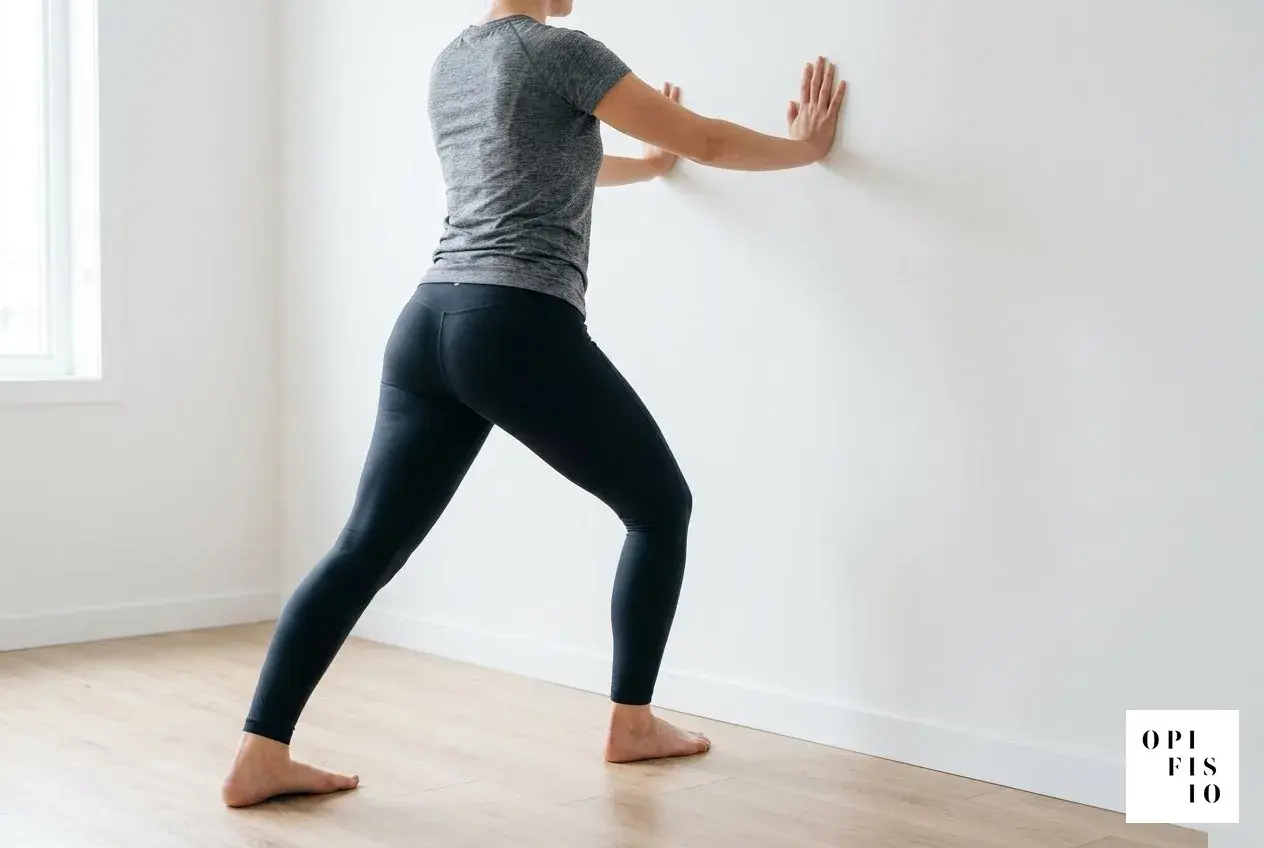 Donna esegue stretching per tallonite appoggiandosi al muro. Esercizi per il benessere del piede.