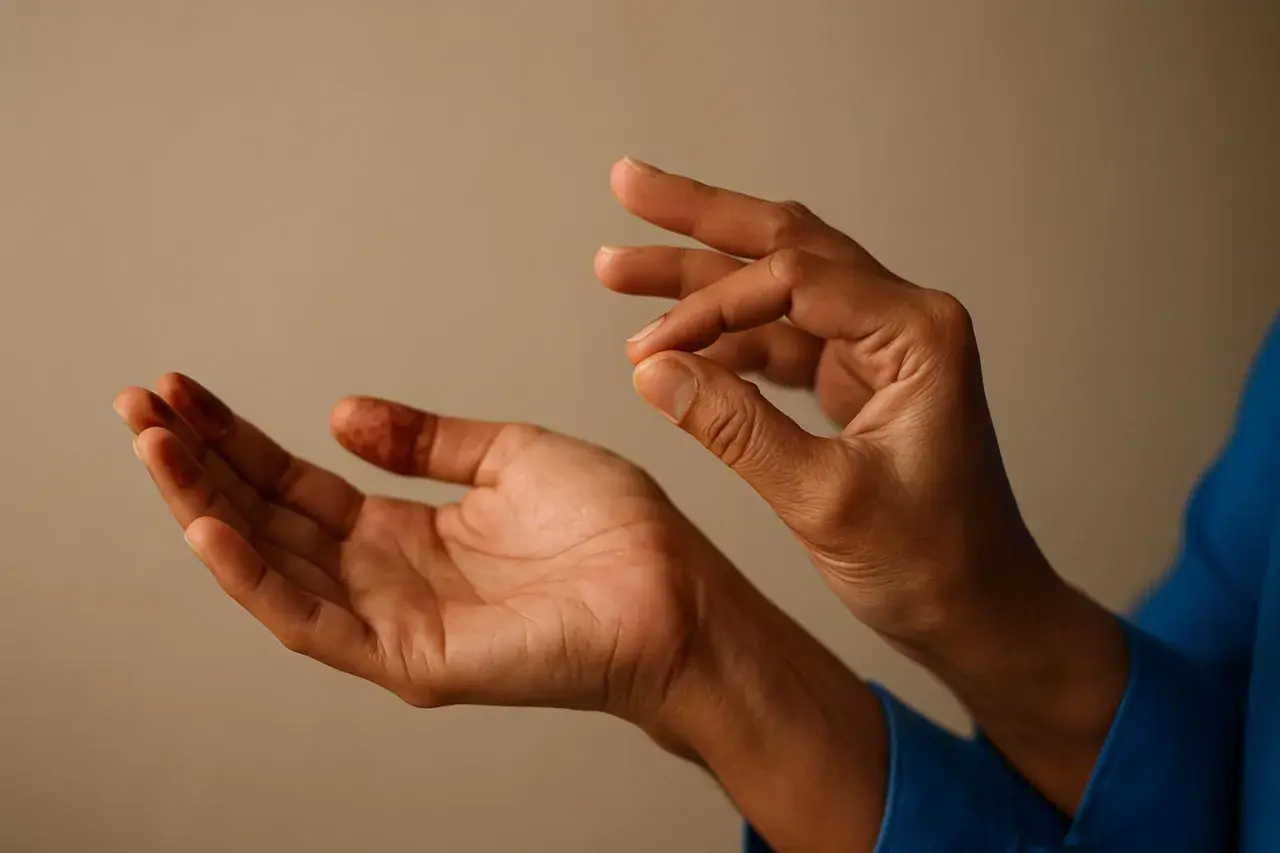 Mani con tatuaggio all'henné mostrano un gesto di dolore al polso e alla mano, come se cercassero sollievo.