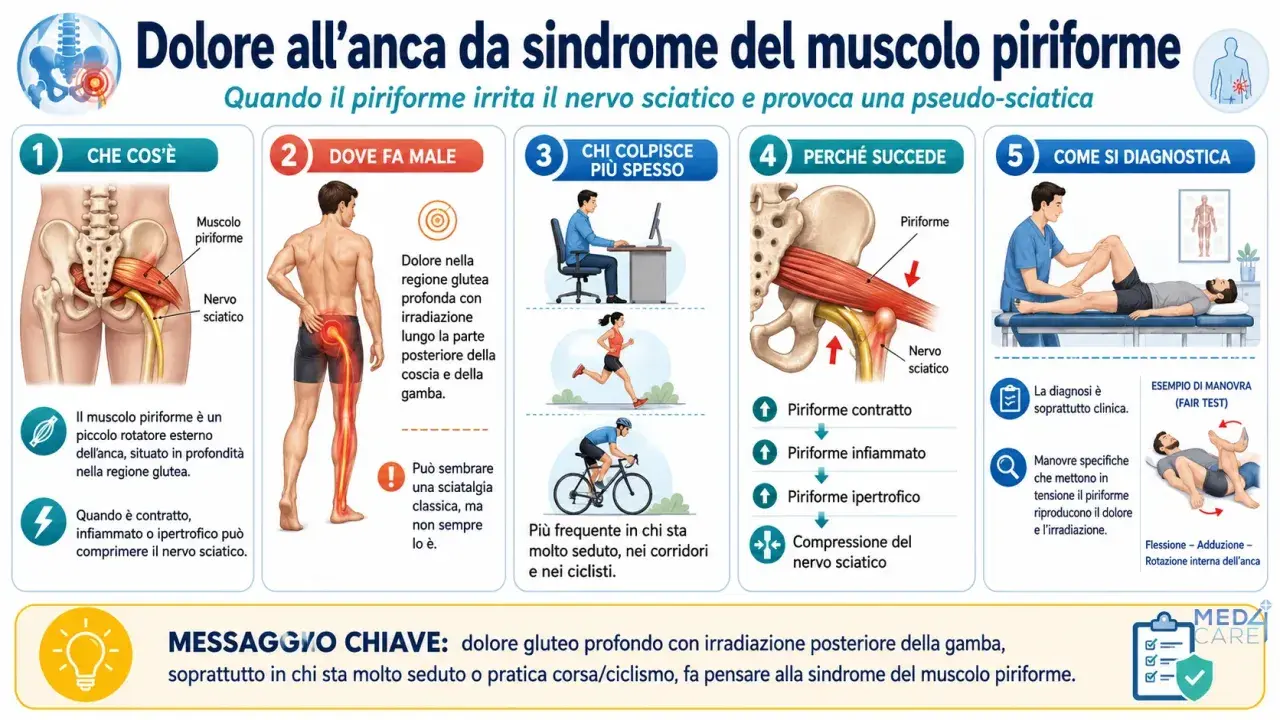 Dolore all'anca da sindrome del piriforme, che irrita il nervo sciatico causando una pseudo-sciatalgia. Immagine illustra cause, sintomi e diagnosi.