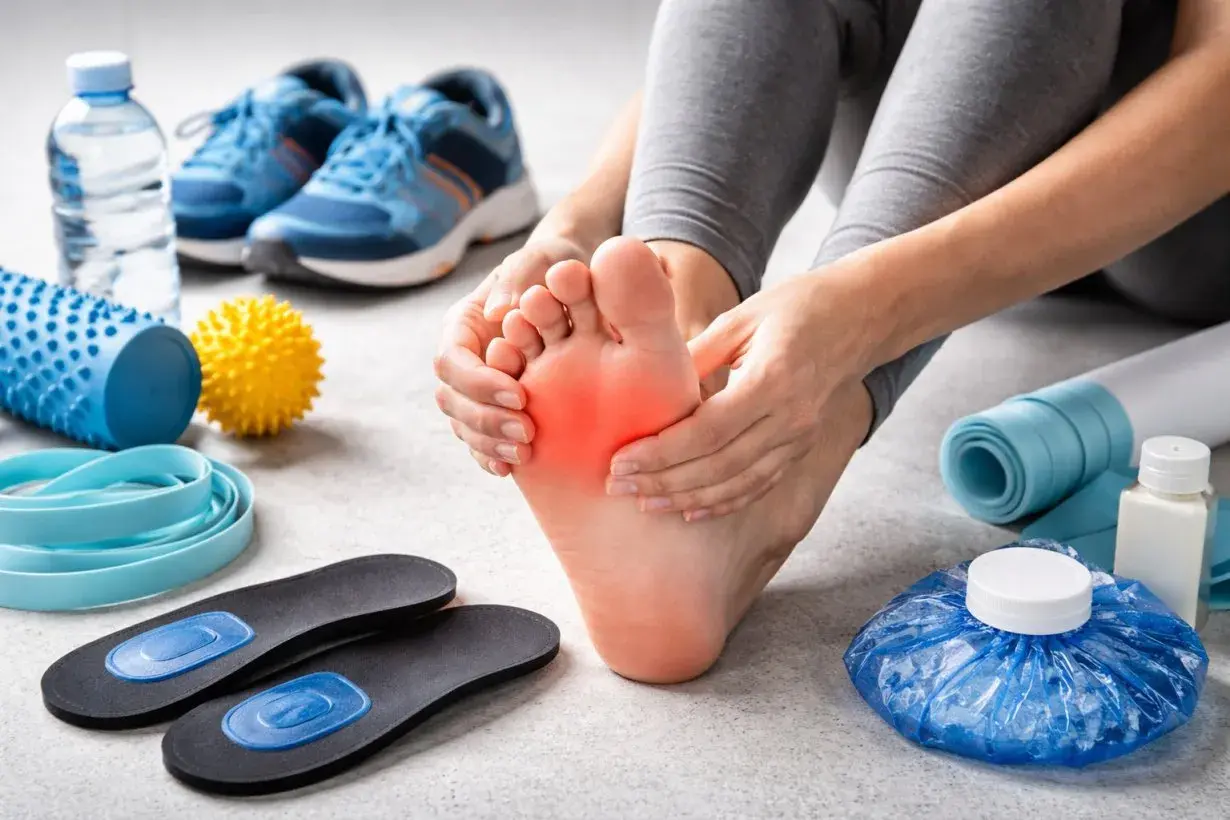 Piede con dolore alla tallonite, circondato da attrezzature sportive e rimedi veloci: palline massaggianti, fasce elastiche, solette e ghiaccio.