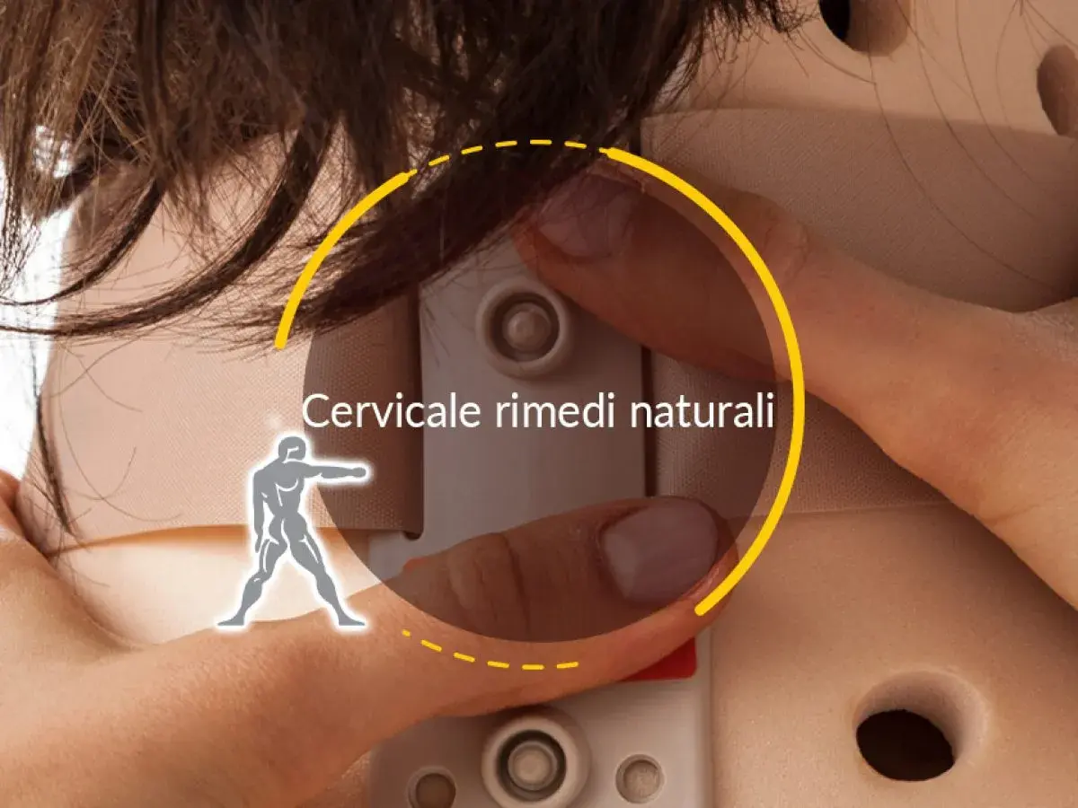 Un collare cervicale e un'icona stilizzata di una persona suggeriscono soluzioni per la cervicobrachialgia, rimedi naturali per il benessere.