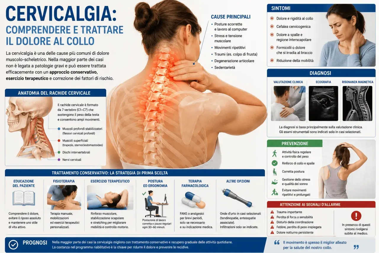 Dolori al collo cause: postura scorretta, stress, traumi. Immagine illustra anatomia, sintomi, diagnosi e trattamenti per la cervicalgia.