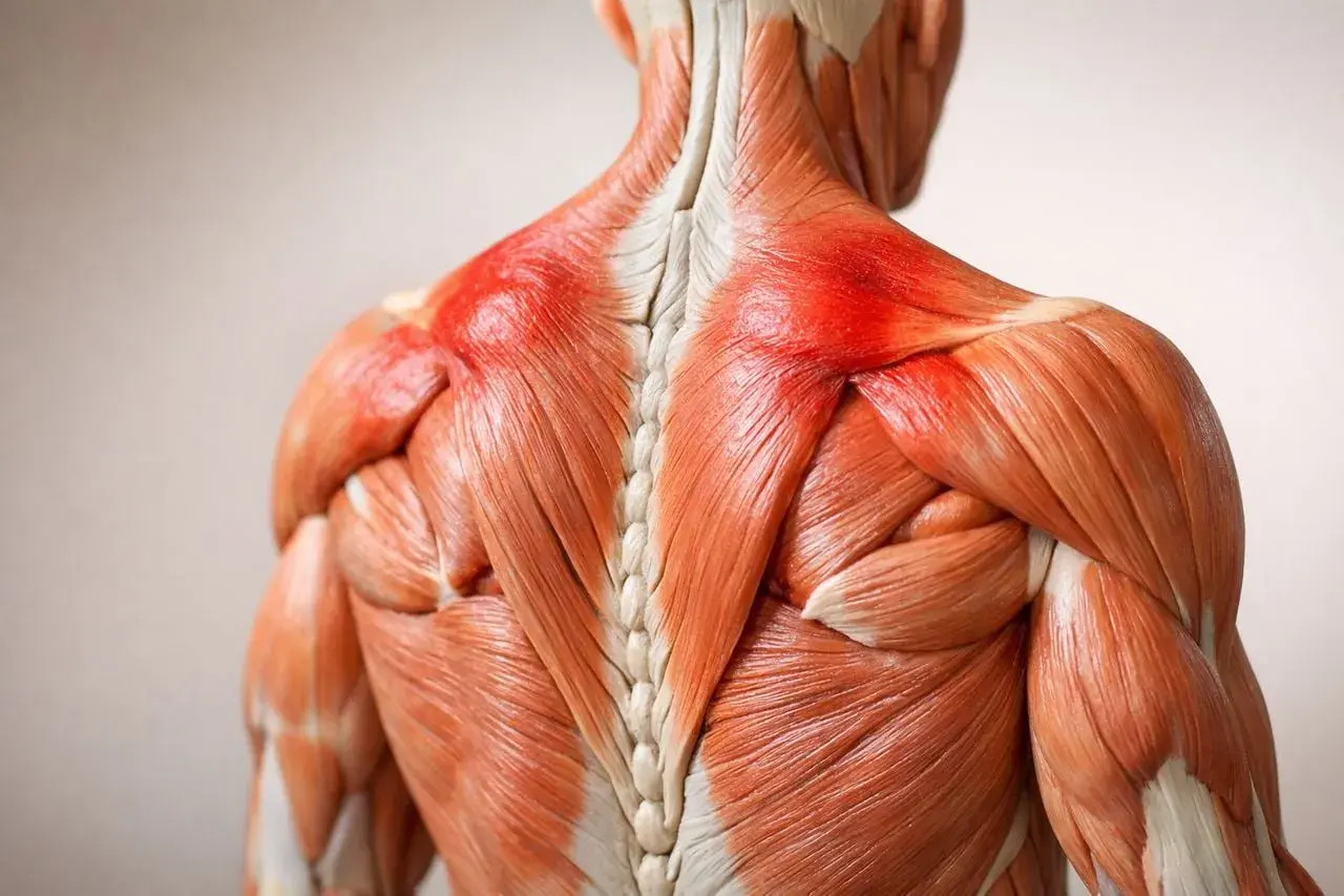 Dettaglio anatomico della schiena con muscoli evidenziati in rosso, indicando un possibile blocco alla schiena o infiammazione.