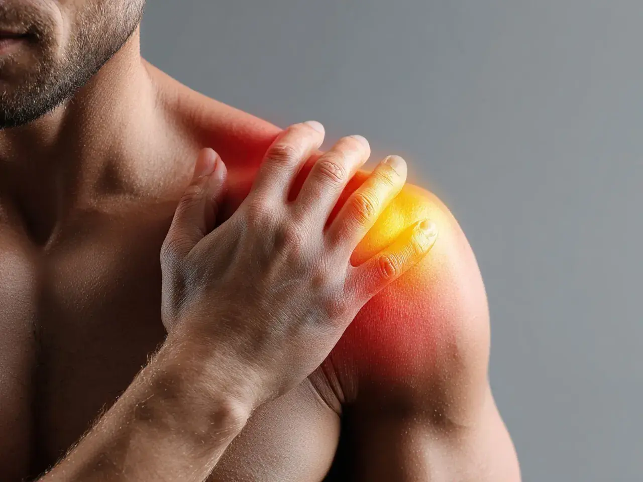 Uomo con mano sulla spalla dolente, evidenziata da rossore e calore. Dopo infiltrazione spalla bisogna stare a riposo per guarire.