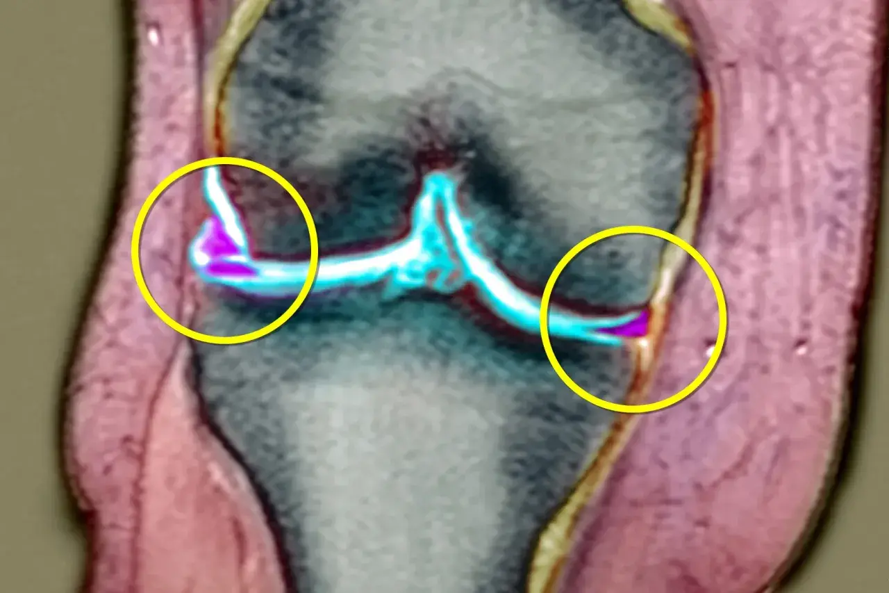 Risonanza magnetica del ginocchio evidenzia una lesione meniscale senza gonfiore, con aree di alterazione colorate in viola e blu.