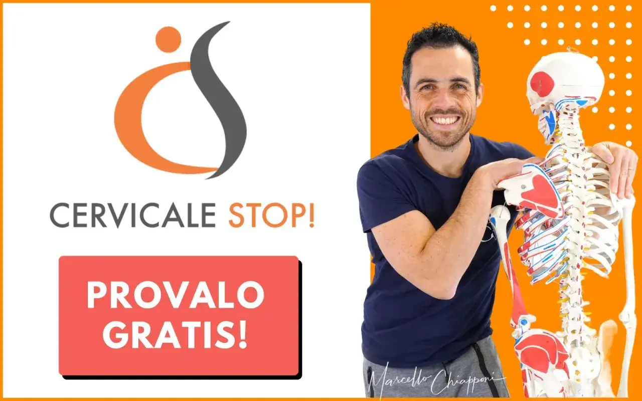 Uomo sorridente con scheletro anatomico, logo "Cervicale Stop!" e pulsante "Provalo Gratis!". Aiuta chi soffre di cervicale e gambe deboli.