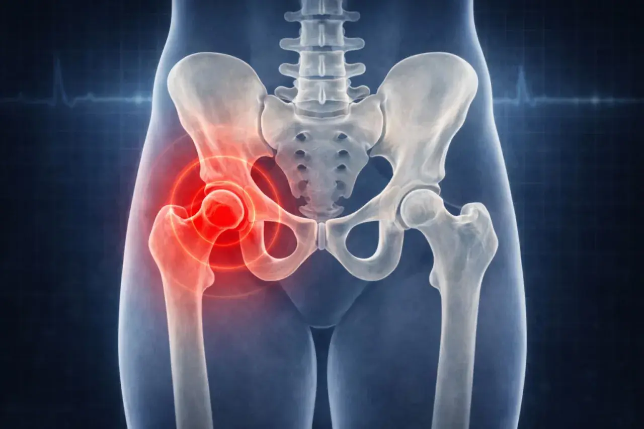 Illustrazione anatomica del bacino con evidenziata la **coxalgia cos'è**: dolore all'anca, indicato da un alone rosso.