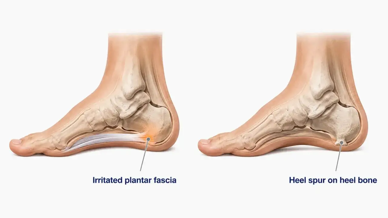 Anatomia del piede: fascite plantare irritata a sinistra, spina calcaneare trascurata sull'osso del tallone a destra.