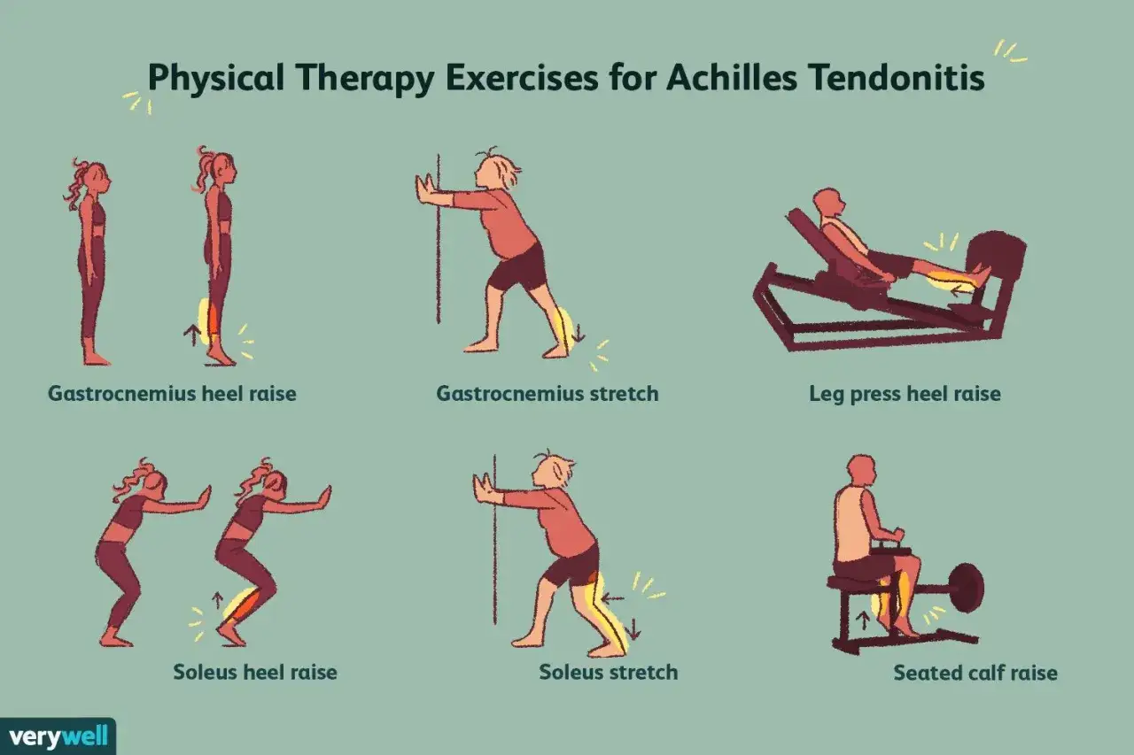 Esercizi di fisioterapia per tendinite achillea: sollevamenti talloni, stretching polpacci e leg press.