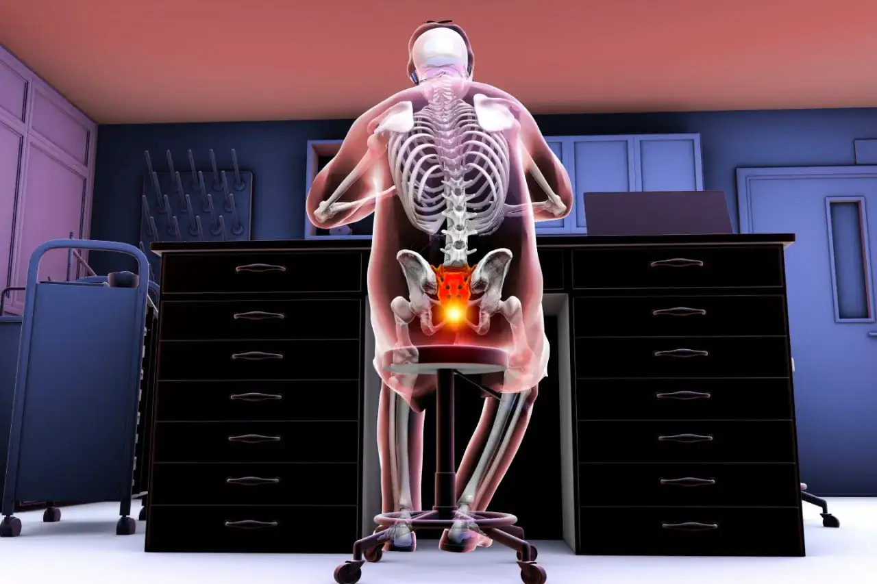 Illustrazione anatomica che evidenzia il dolore al coccige quando mi siedo, con un punto focale rosso sulla zona.