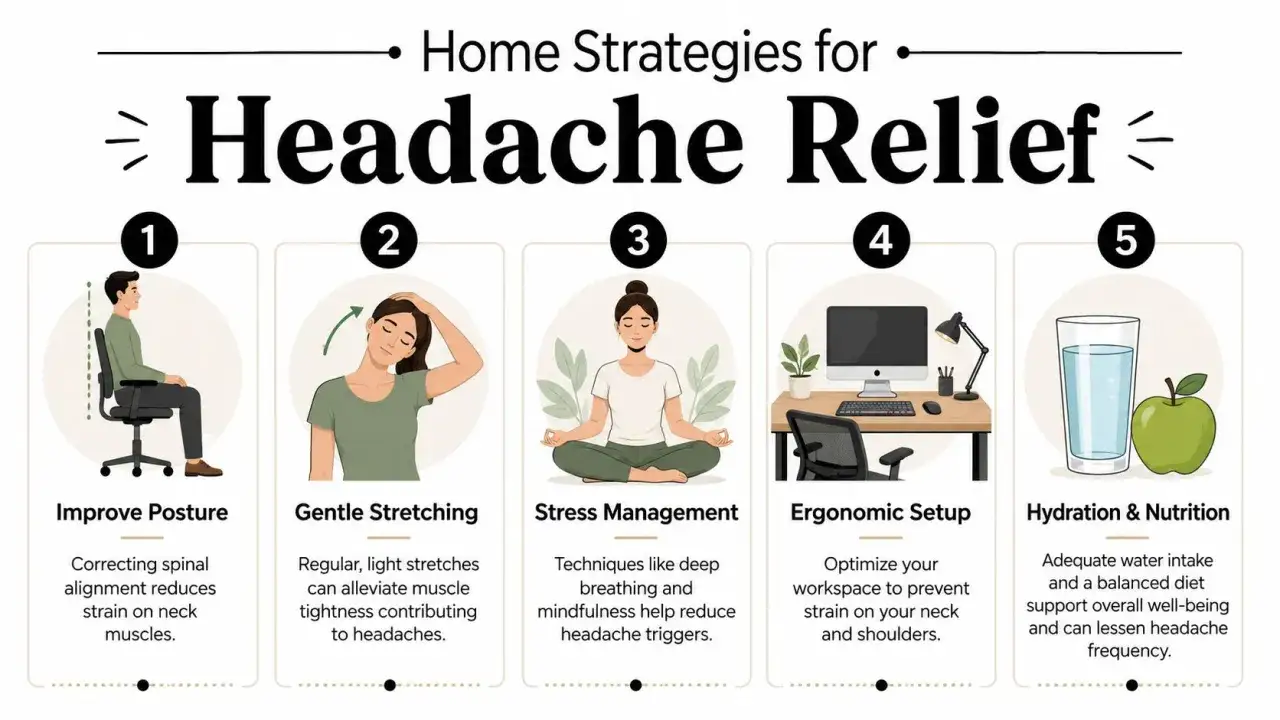 Strategie naturali per il mal di testa da cervicale: postura, stretching, stress, ergonomia e idratazione.