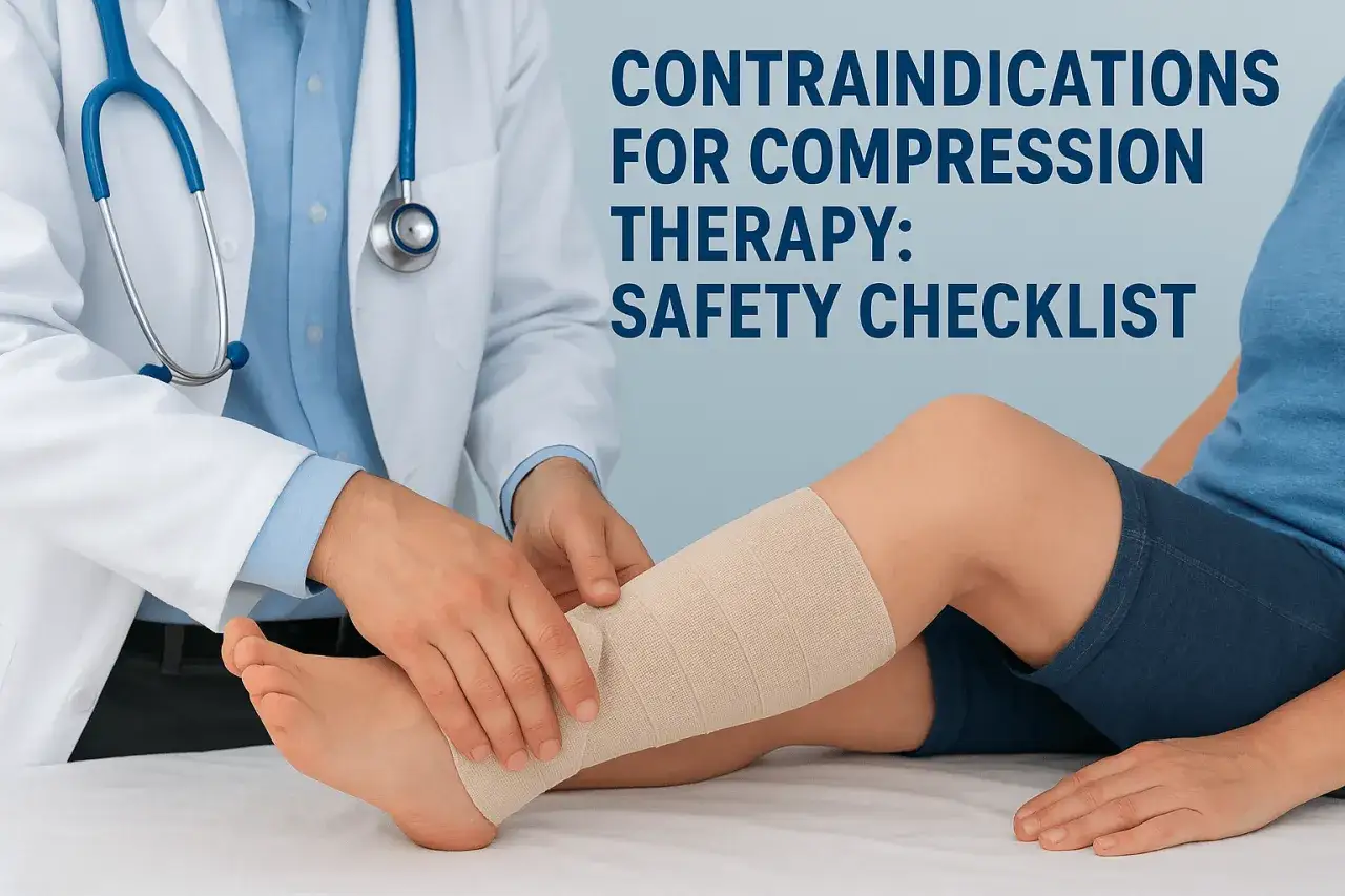 Medico applica bendaggio compressivo alla gamba. Controindicazioni per tutore ginocchio e terapia compressiva.
