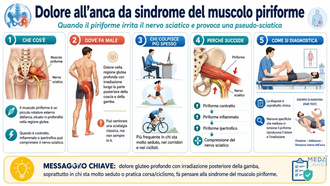 Illustrazione anatomica del muscolo piriforme e del nervo sciatico, con focus sulla flessione dell'anca e le cause del dolore.