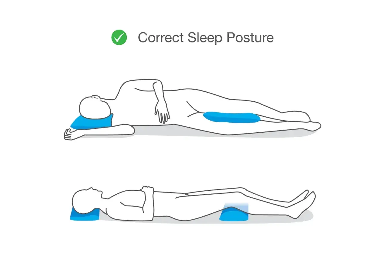 Postura corretta per dormire e come alleviare il mal di schiena a letto: cuscino sotto la testa e tra le ginocchia (sdraiati su un fianco) o sotto le ginocchia (sdraiati sulla schiena).