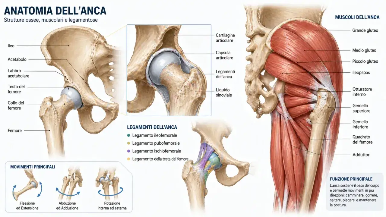 Anatomia dell'anca: ossa, muscoli e legamenti. Il trocantere, parte del femore, si trova nell'articolazione dell'anca.