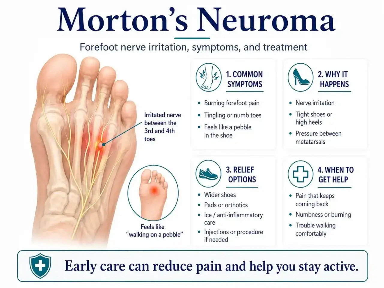 Immagine illustra come sfiammare il neuroma di Morton: sintomi, cause (scarpe strette), rimedi (scarpe larghe, plantari, ghiaccio) e quando cercare aiuto medico.