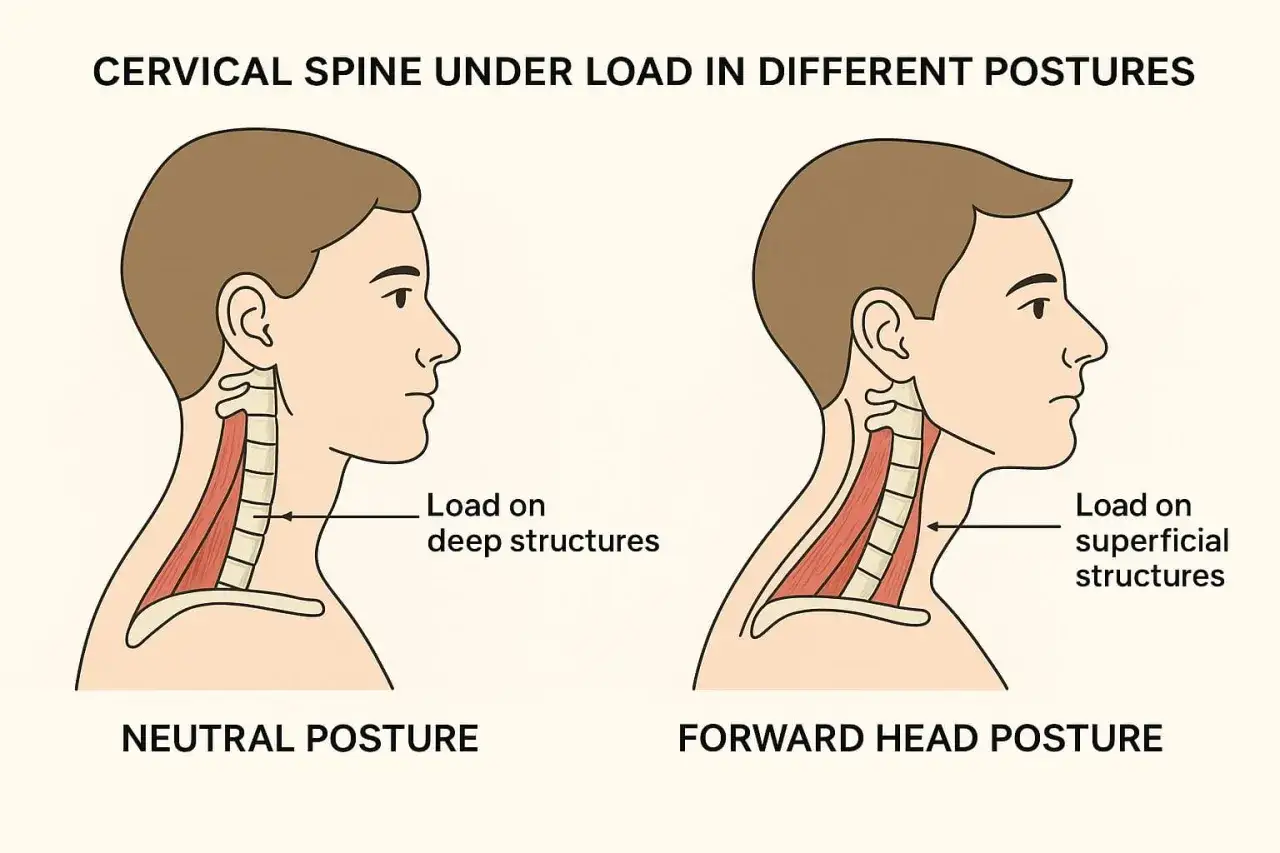 Postura neutra vs. testa in avanti: la seconda aumenta il carico sulle strutture superficiali, potenziale causa di lordosi cervicale sintomi.