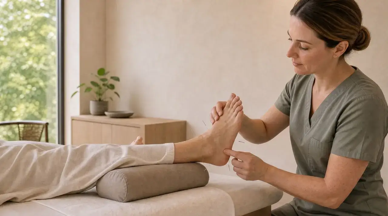Agopuntura per alleviare il neuroma di Morton. Un terapista applica aghi sul piede di un paziente per un trattamento mirato.